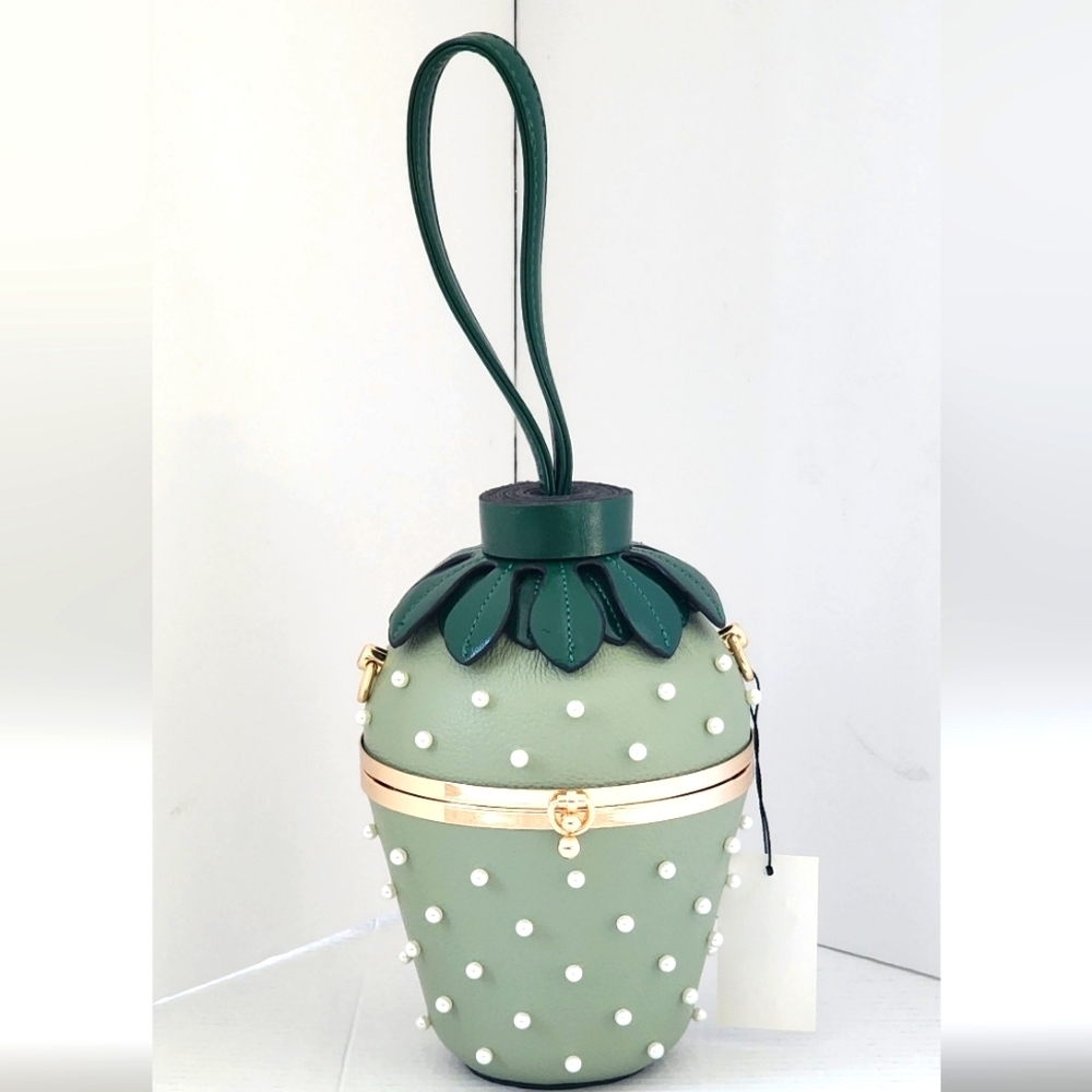 Stylish Women's Green Strawberry Shape Pearl Embellished Leather Handbag